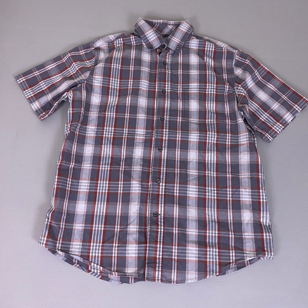 George Button Down Shirt Men's Large Grey Red Classic Fit Short Sleeve Plaid‎